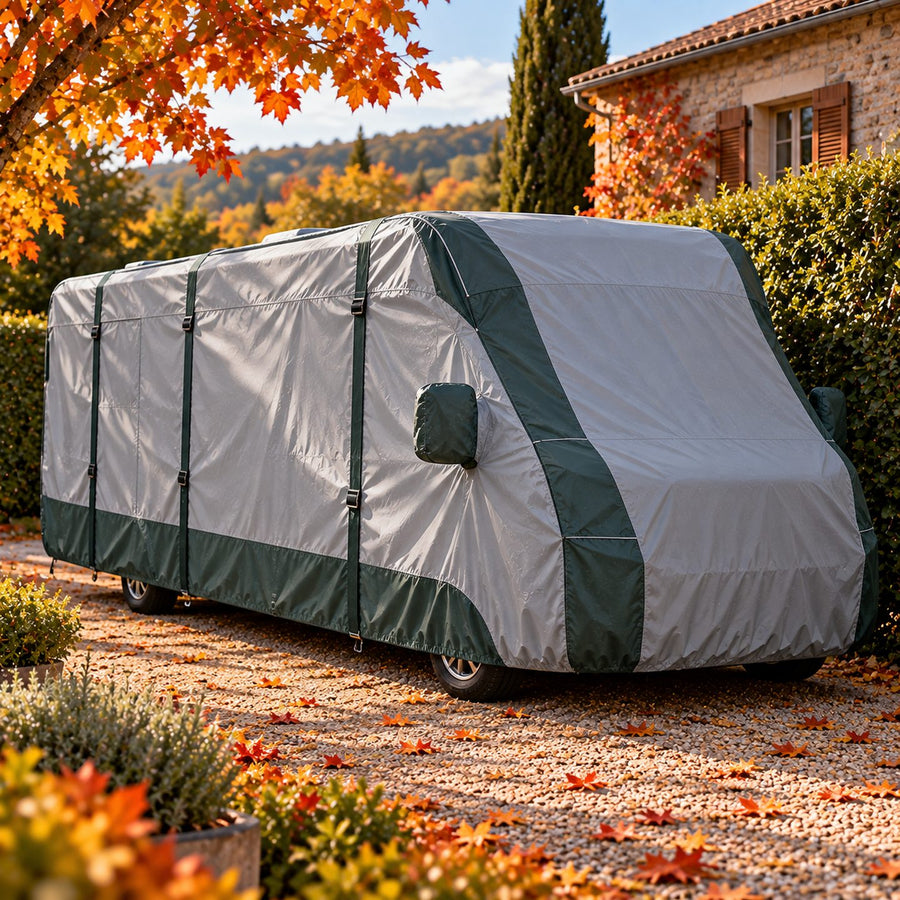 Camping-car intégral couvert d'une housse grise le long d'une haie