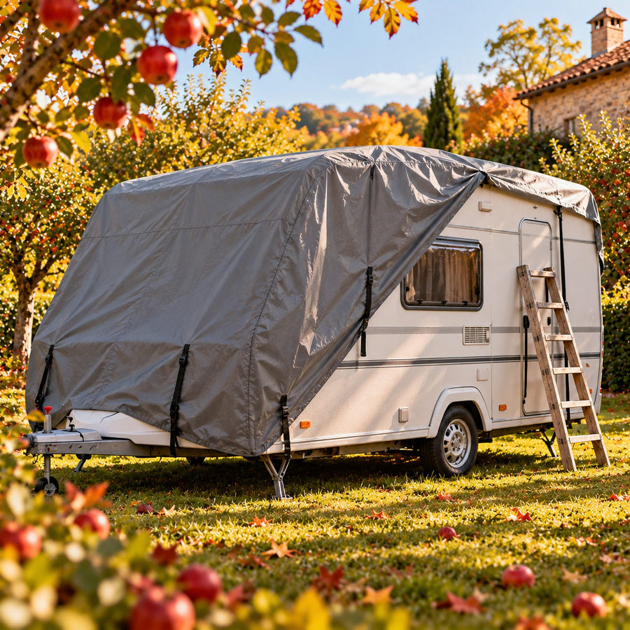 Caravane recouverte d'une housse grise sur un terrain herbeux