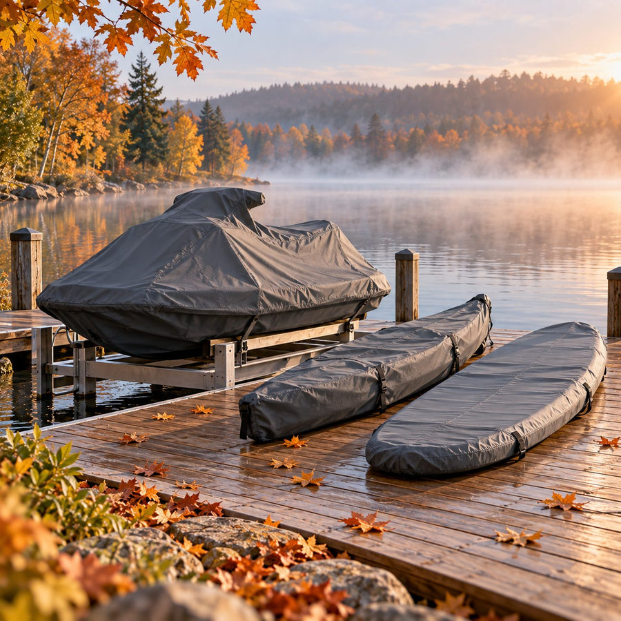 Jet-ski, kayak et paddle sous housses grises sur un ponton de lac