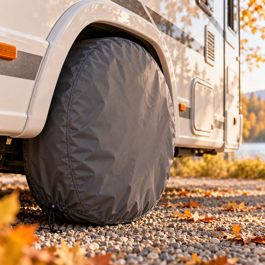Roue de camping-car couverte d'une housse ronde grise sur le gravier