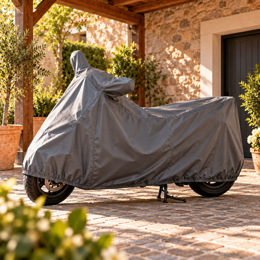 Scooter couvert d'une housse grise sous un auvent de cour