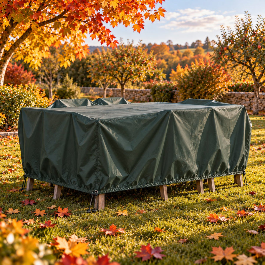 Table de jardin et chaises protégées par une housse vert foncé