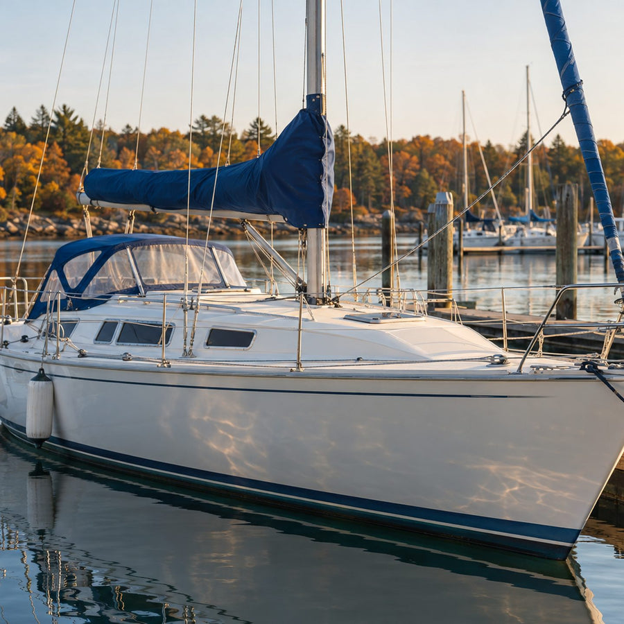Voilier au port avec la grand-voile protégée par une housse de bôme