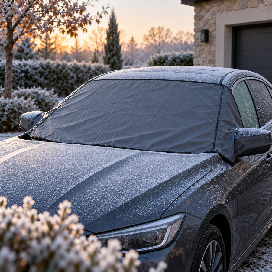 Pare-brise de berline protégé du givre par une couverture grise