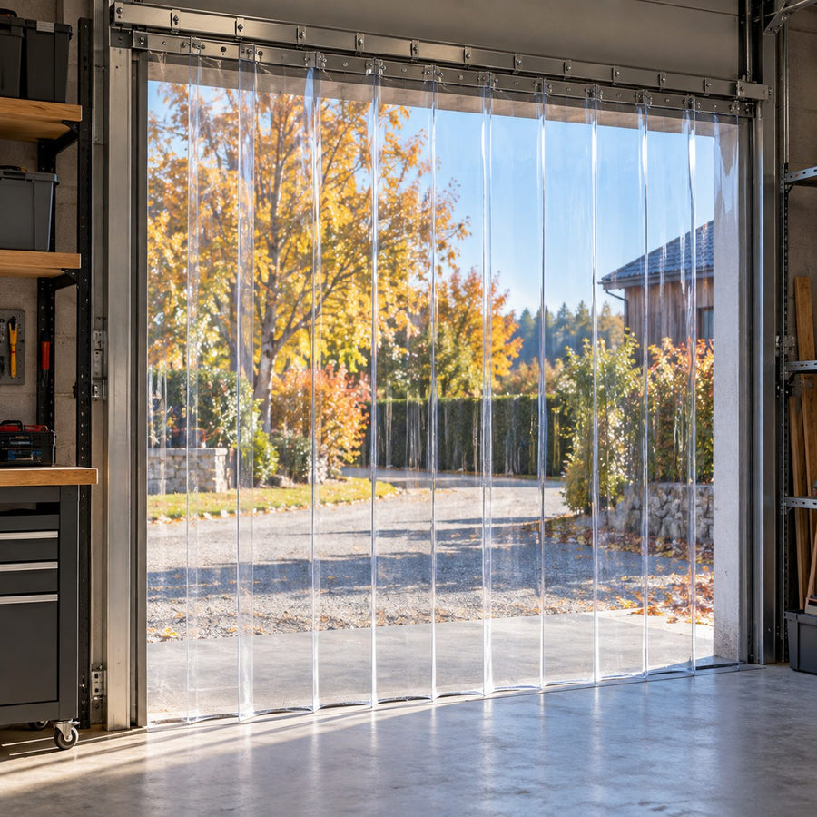 Porte d'atelier fermée par un rideau à lanières en PVC transparent