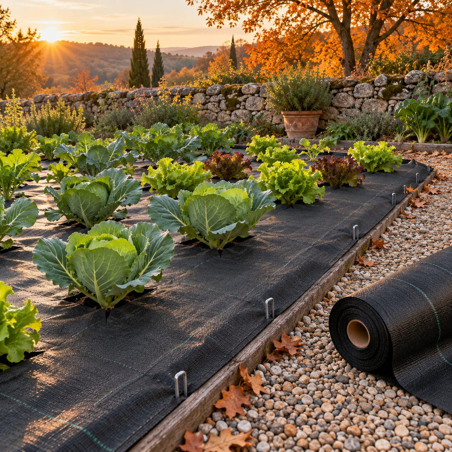 Toile de paillage noire posée sur un potager, jeunes plants sortant par des fentes en croix