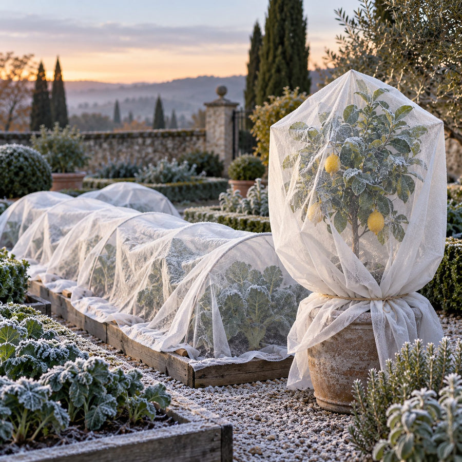 Plantes et citronnier en pot enveloppés d'un voile d'hivernage blanc