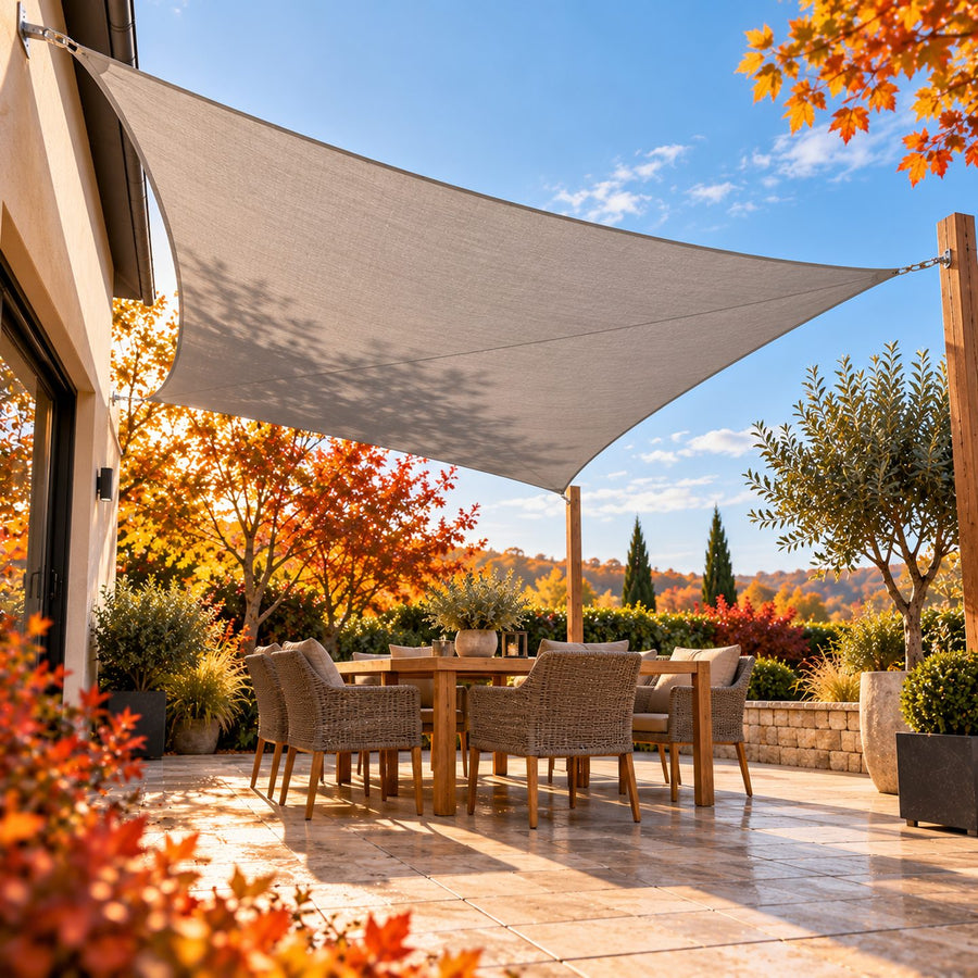Grande voile d'ombrage tendue au-dessus d'une terrasse et d'une table