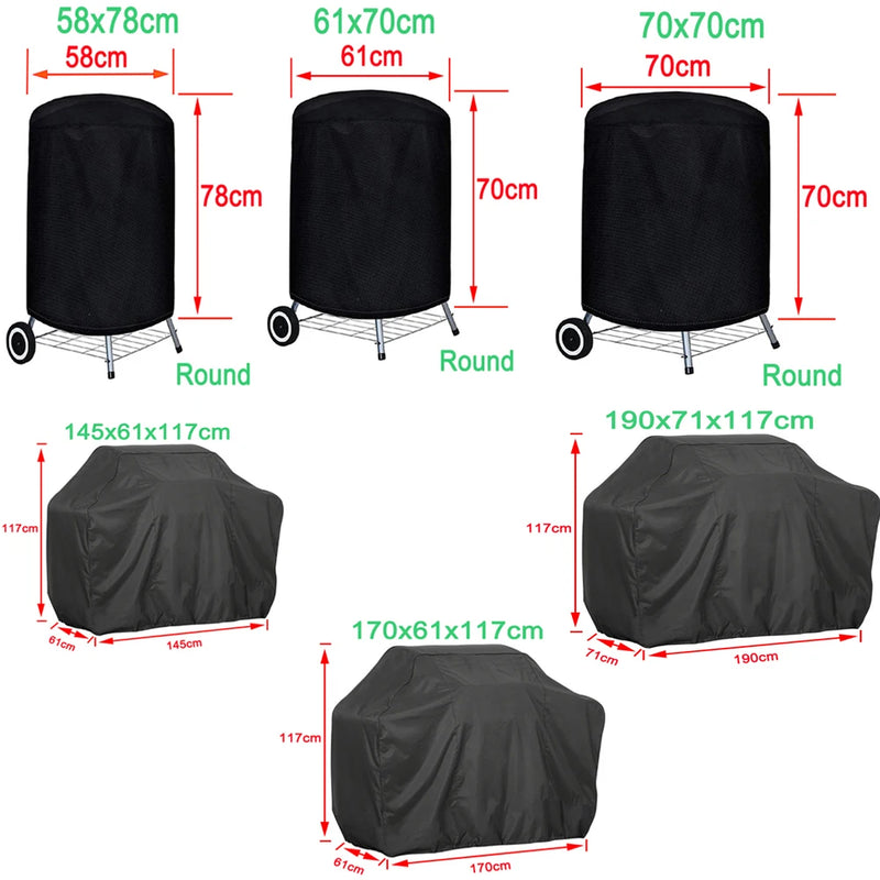 Housse barbecue ronde et rectangulaire Oxford 210D noire, 12 tailles de 71 à 190 cm