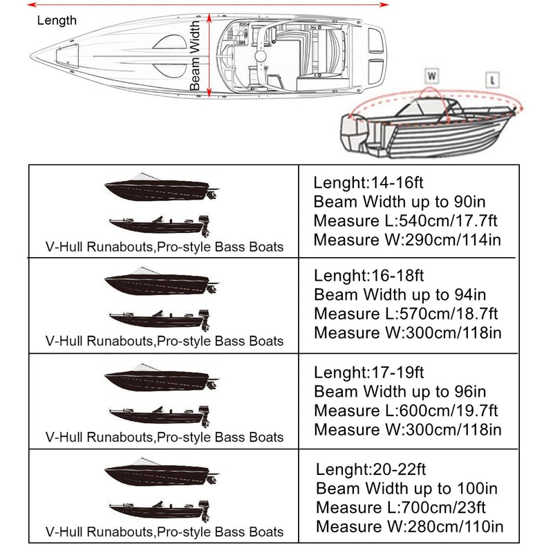 Housse bateau de pêche coque en V, Oxford 210D anti-UV, 540 à 600 cm de long