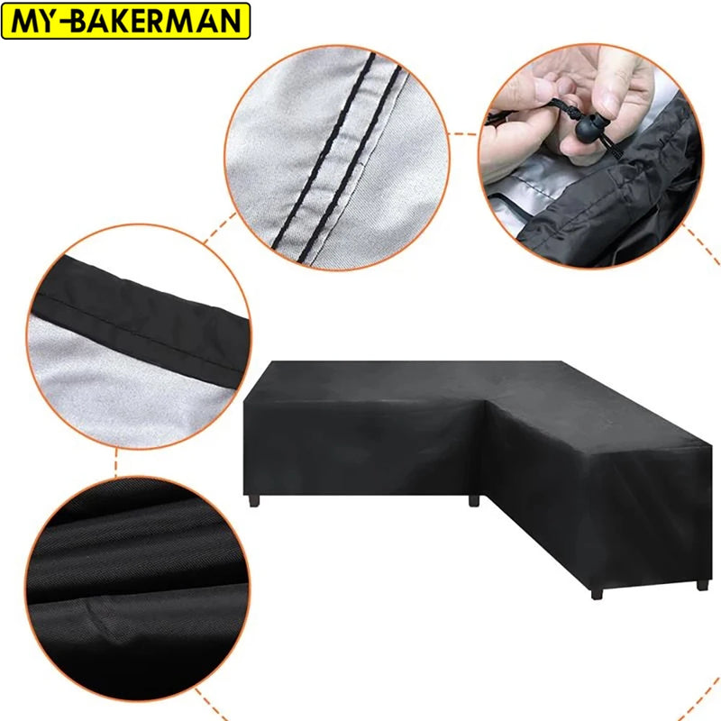 Housse salon de jardin d'angle en L, polyéthylène 100 g/m² noir imperméable, 11 tailles