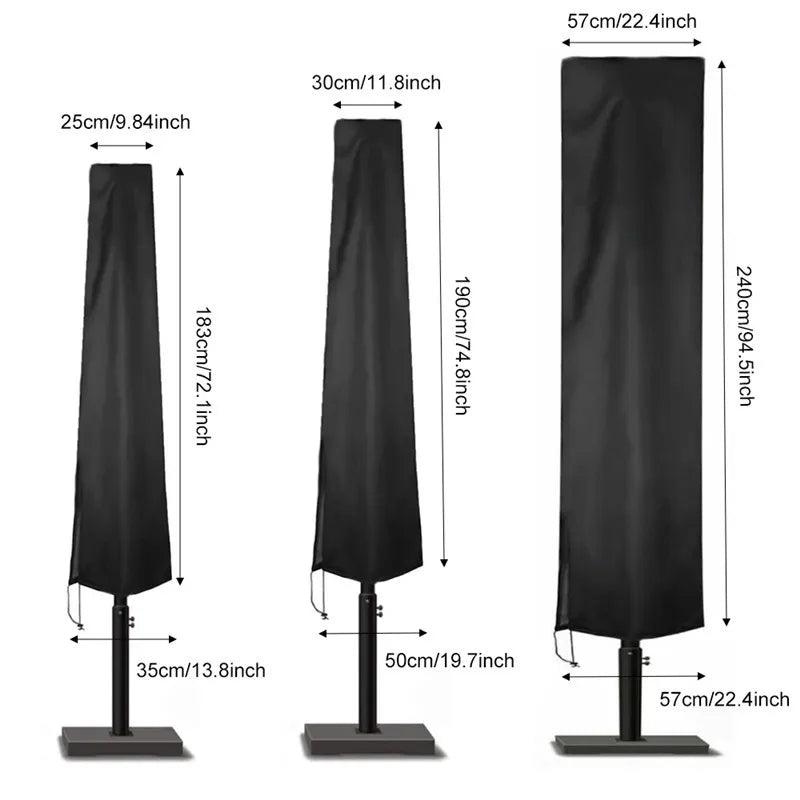 Housse de parasol noire 210D imperméable, déporté ou droit, 5 tailles de 183 à 280 cm