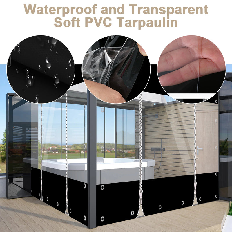 Bâche terrasse PVC à fenêtre transparente et deux fermetures éclair, noir ou gris, 5 tailles