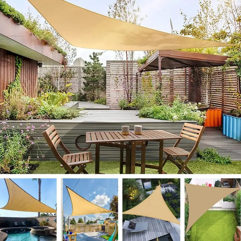 Voile d'ombrage triangulaire 3x3x3 m en polyester anti-UV avec cordes et anneaux inox, 5 coloris