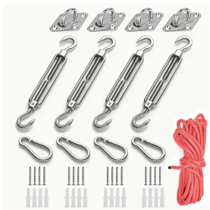 Kit de fixation voile d'ombrage inox 9 ou 13 pièces avec tendeurs et corde