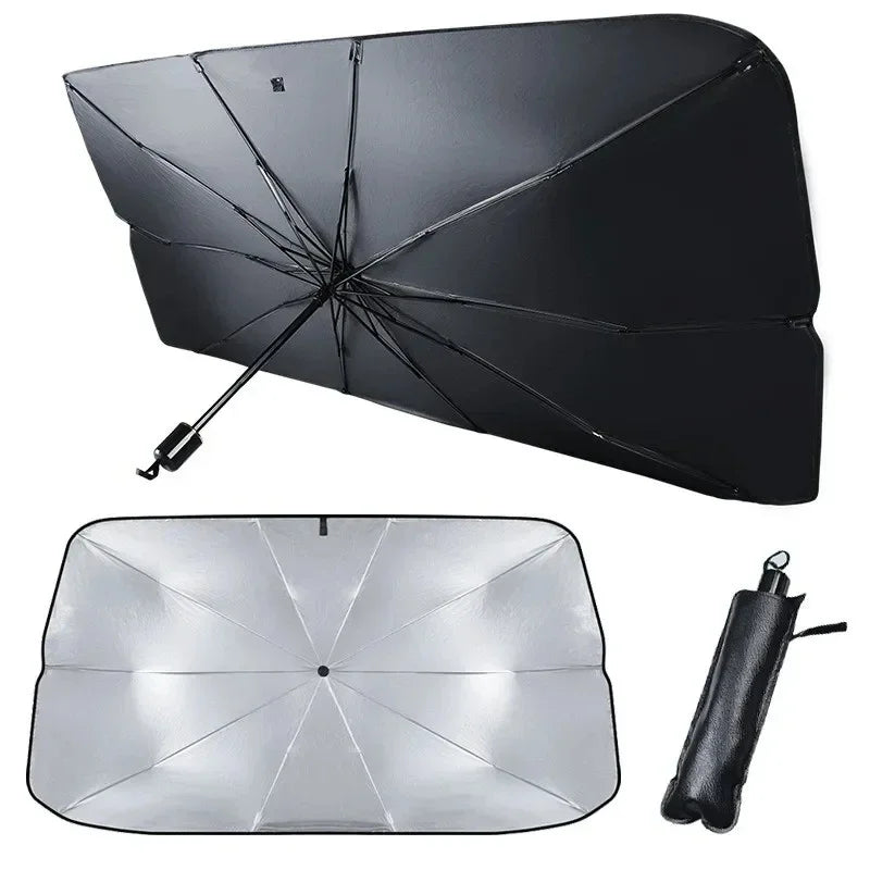 Pare-soleil de voiture rétractable en parapluie pour pare-brise avant, 2 tailles, argenté et noir