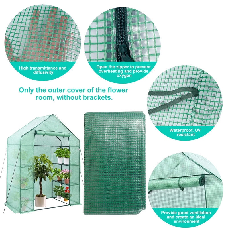 Bâche de rechange pour serre de jardin en PE avec porte zippée enroulable, 4 tailles