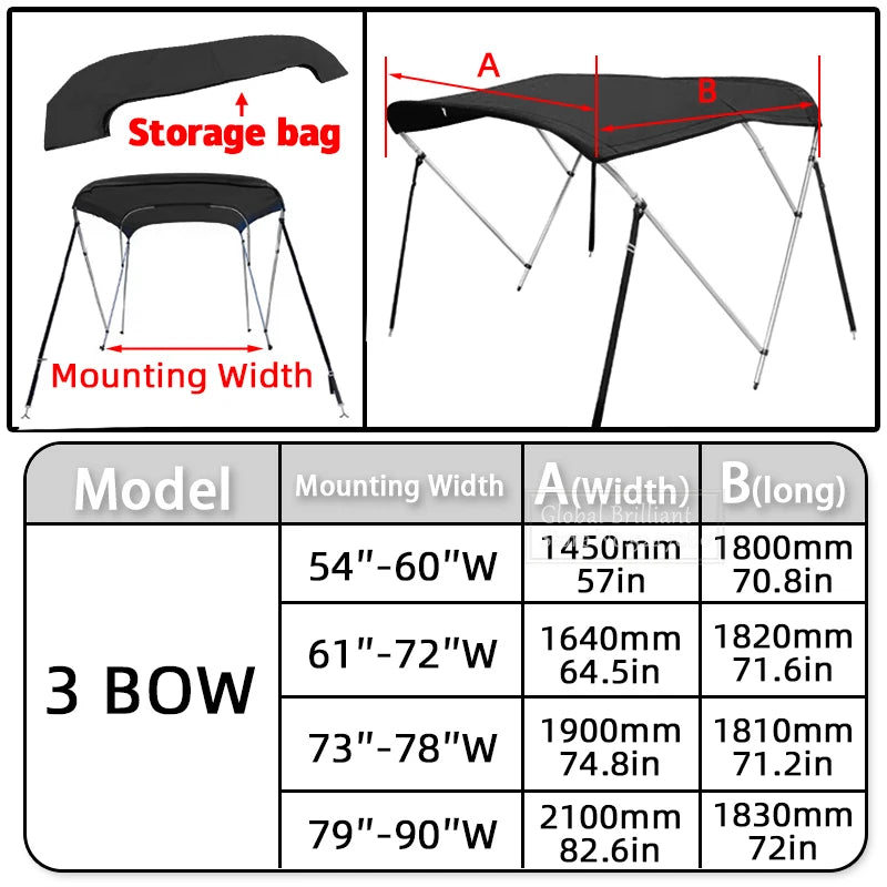 Toit bimini bateau 3 arceaux, toile 600D imperméable avec housse, sans armature, noir ou bleu