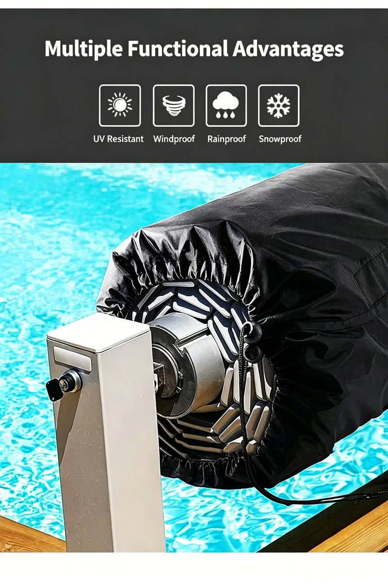 Housse enrouleur bâche solaire piscine noire en polyester enduit d'argent, de 495 à 730 cm