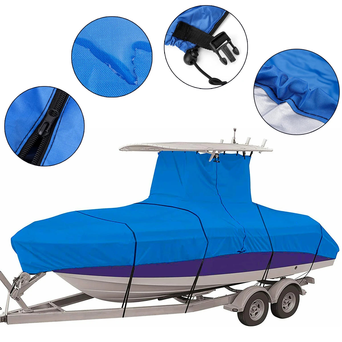 Housse de bateau à console centrale avec T-Top, polyester 210D bleu, 4 tailles de 570 à 732 cm