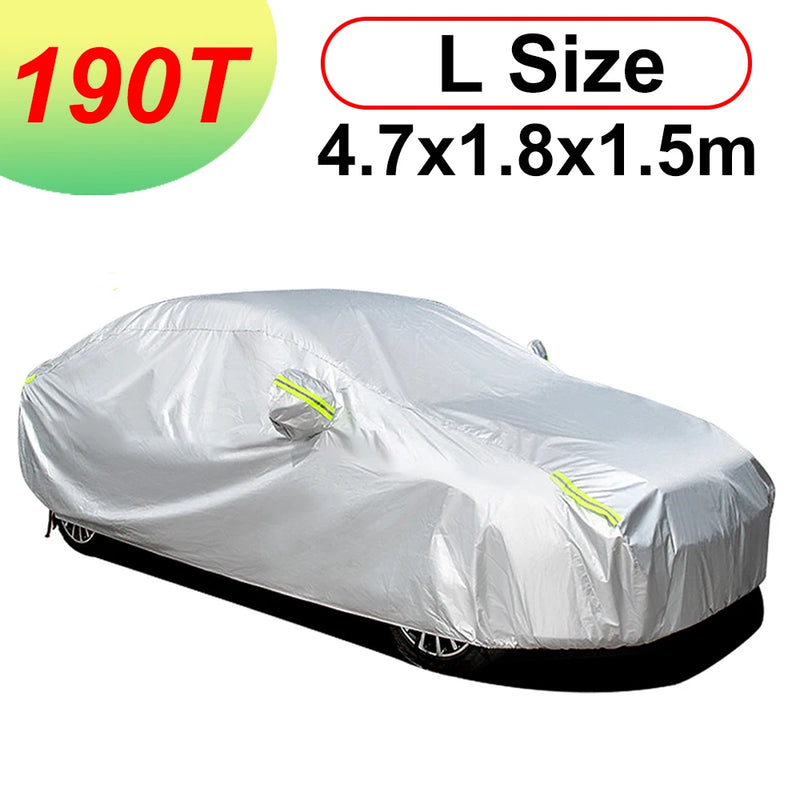 Housse voiture berline 190T argentée, imperméable et anti-UV, bandes réfléchissantes, 470 x 180 x 150 cm