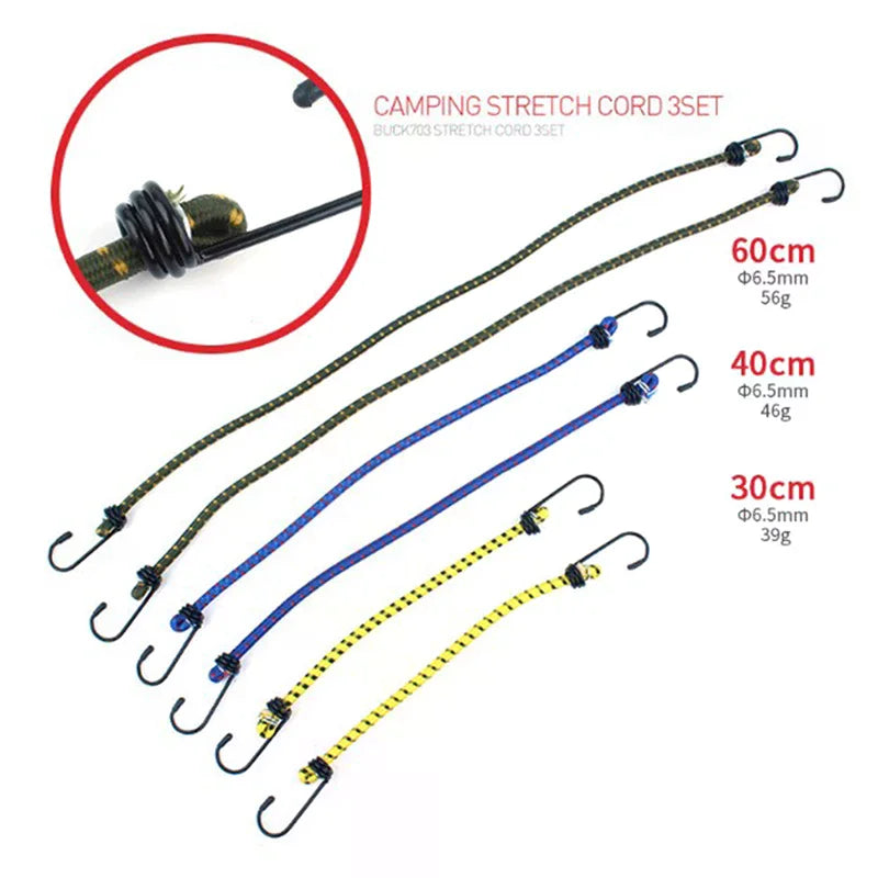 Lot de 6 sandows à crochets 30, 40 et 60 cm pour tente et bagages