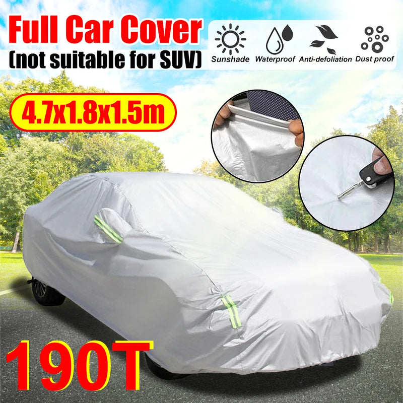 Housse voiture berline 190T argentée, imperméable et anti-UV, bandes réfléchissantes, 470 x 180 x 150 cm