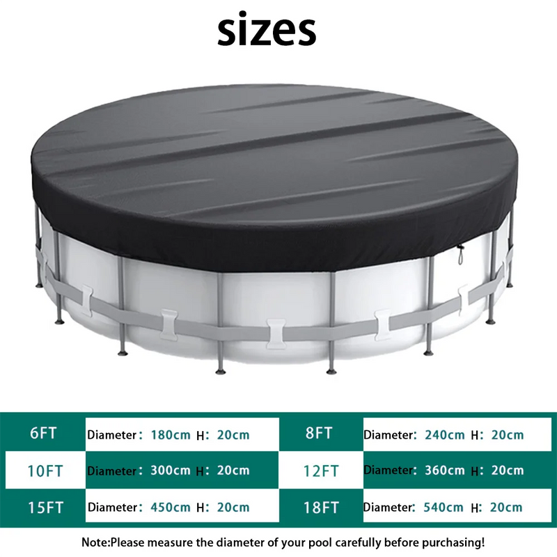 Bâche piscine hors sol ronde noire à cordon de serrage, tissu 210D, 1,8 à 5,4 m