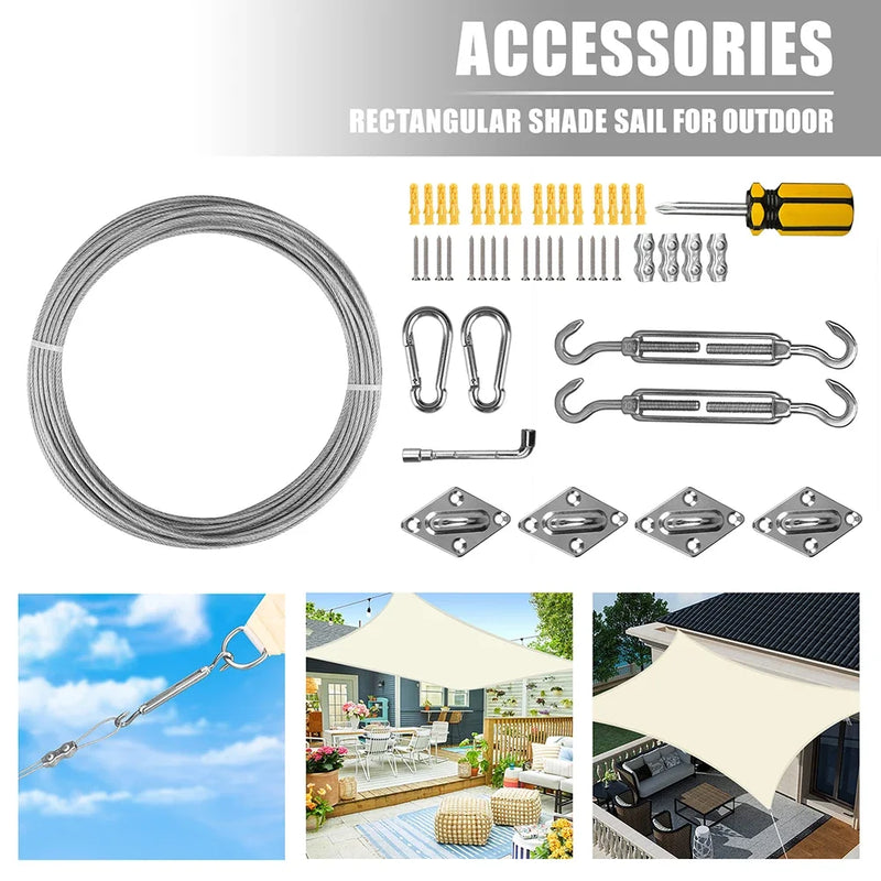 Kit de fixation voile d'ombrage avec câble métallique 15 m, tendeurs et œillets inox