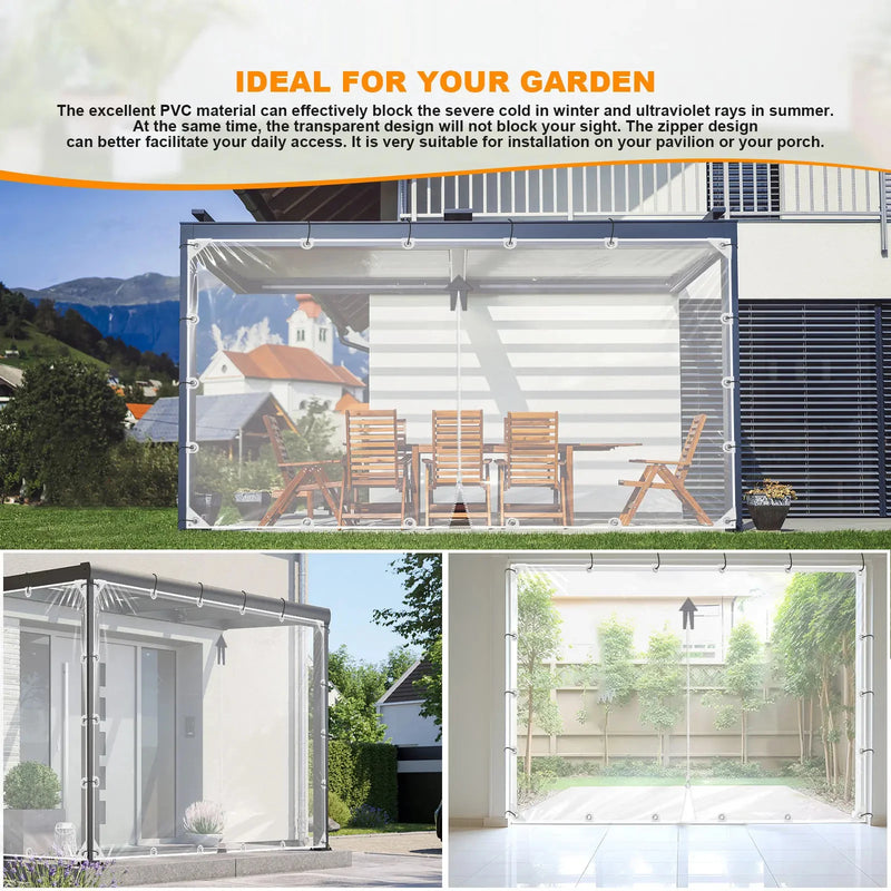 Bâche transparente terrasse en PVC 420 g/m² avec fermeture éclair et œillets, 8 tailles