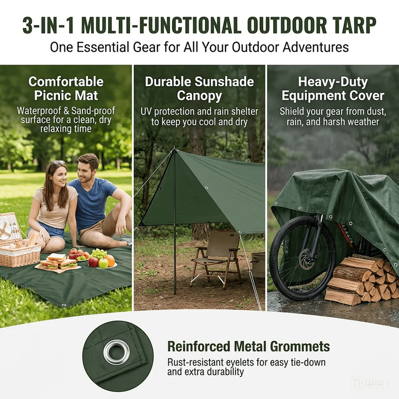 Bâche de camping imperméable 3 en 1 en polyester, auvent et abri, camouflage, noire ou verte