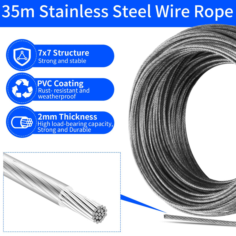 Kit de fixation pour voile d'ombrage 72 pièces, câble inox 35 m et tendeurs