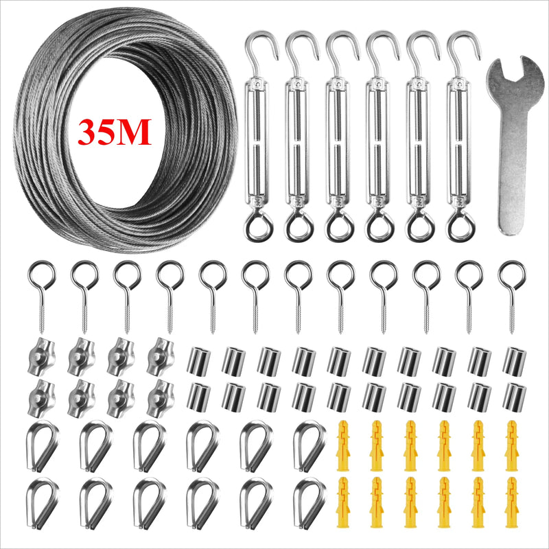 Kit de fixation pour voile d'ombrage 72 pièces, câble inox 35 m et tendeurs