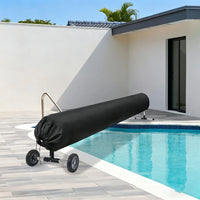 Housse enrouleur bâche solaire piscine noire, cordon de serrage et sangles, 495 à 730 cm