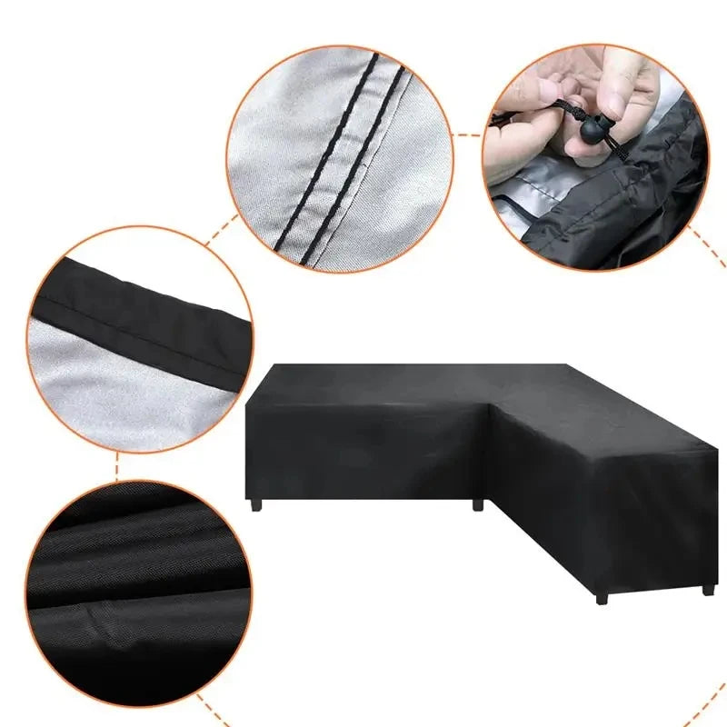 Housse d'angle en L pour salon de jardin, polyester 210D noir imperméable, 11 tailles