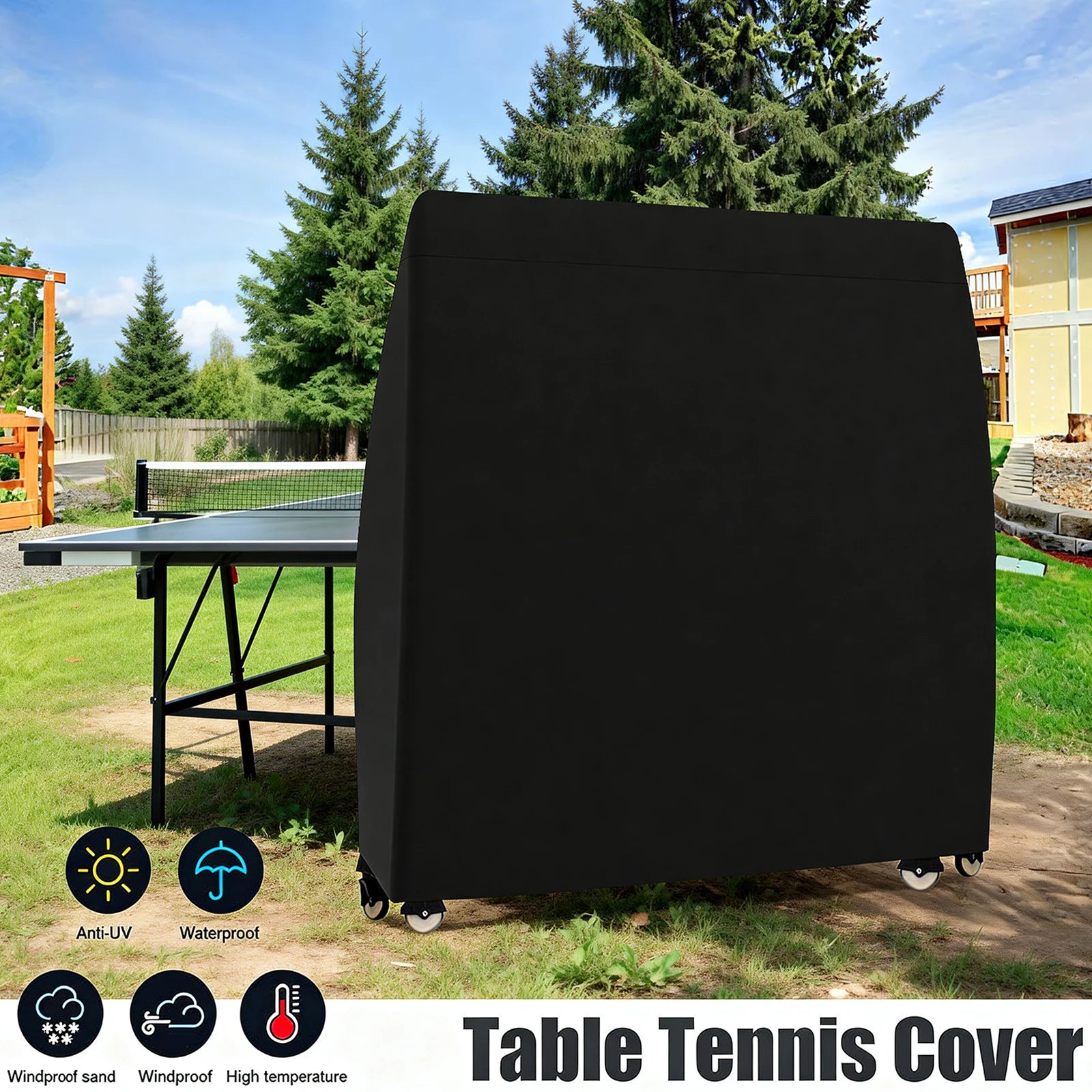Housse table de ping-pong pliée sur roulettes, polyester noir imperméable, 165 x 70 x 185 cm