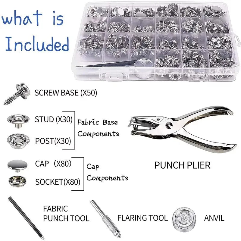 Kit boutons-pression inox pour toile de bateau, bâche et tente, 30 à 270 pièces avec outils