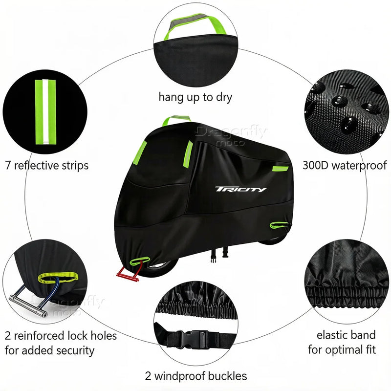 Housse scooter pour Yamaha Tricity 125, 155 et 300 2018-2022, imperméable, anti-UV, bandes réfléchissantes