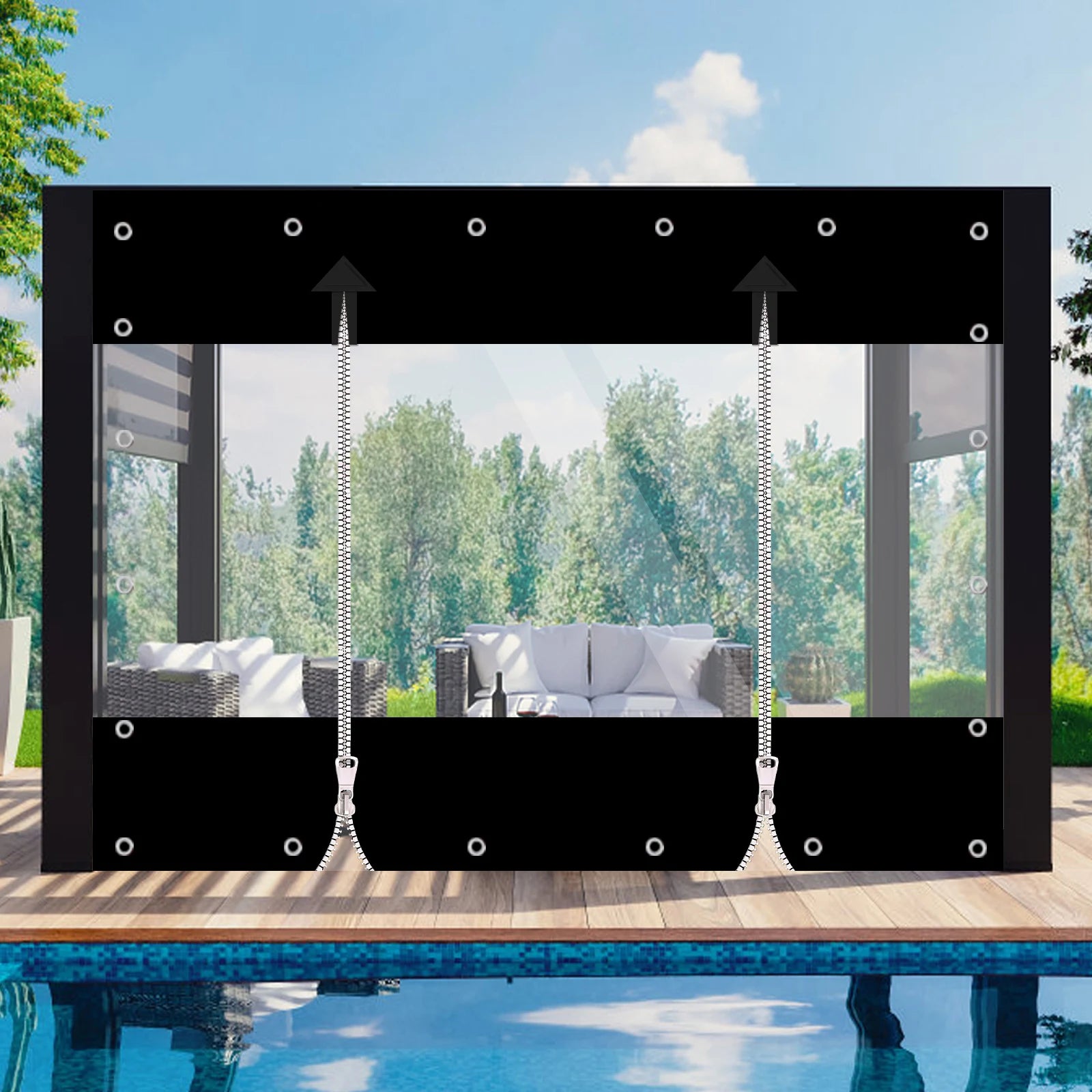 Bâche terrasse PVC à fenêtre transparente et deux fermetures éclair, noir ou gris, 5 tailles