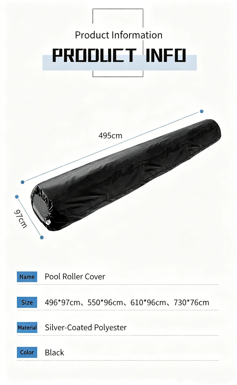 Housse enrouleur bâche solaire piscine noire en polyester enduit d'argent, de 495 à 730 cm