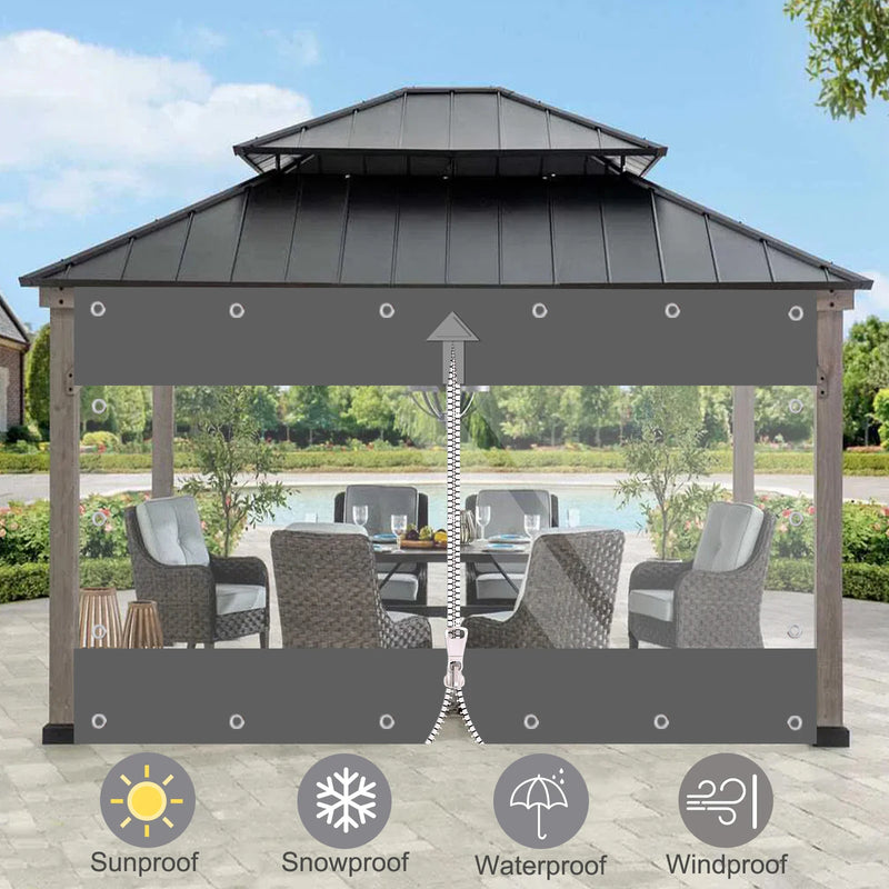 Bâche terrasse PVC à fenêtre transparente et fermeture éclair, noir ou gris, 3 tailles