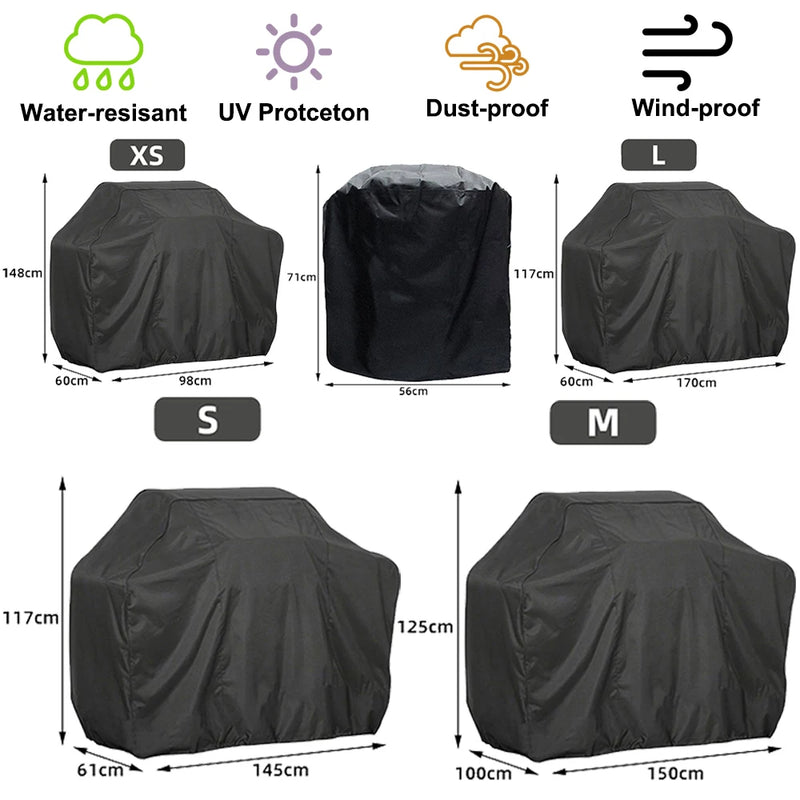 Housse barbecue ronde et rectangulaire en Oxford polyester noir imperméable, 8 tailles de 4XS à XL