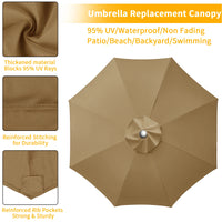 Toile de remplacement parasol 6 ou 8 baleines, imperméable anti-UV, Ø 2 à 3 m