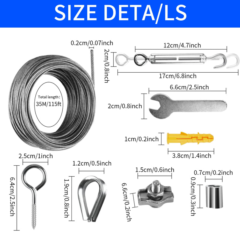 Kit de fixation pour voile d'ombrage 72 pièces, câble inox 35 m et tendeurs