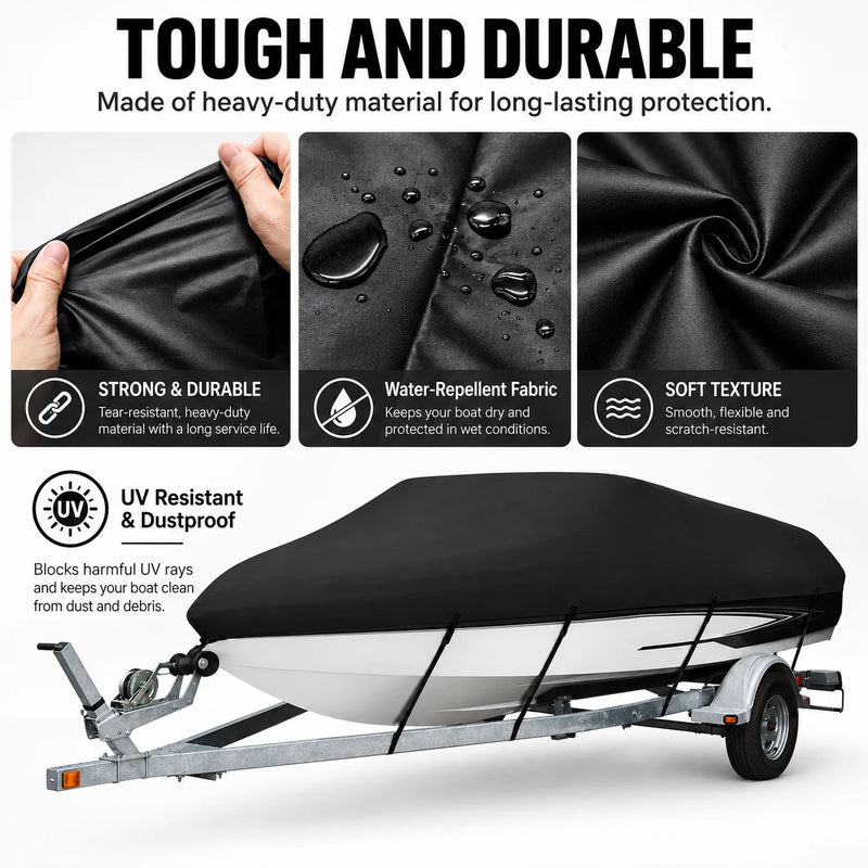 Housse bateau remorquable imperméable anti-UV polyester 210D noir, 4 tailles de 4,2 à 7 m