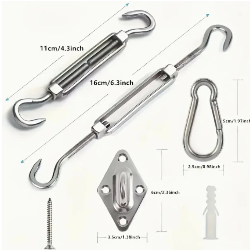 Kit de fixation voile d'ombrage inox 9 ou 13 pièces avec tendeurs et corde