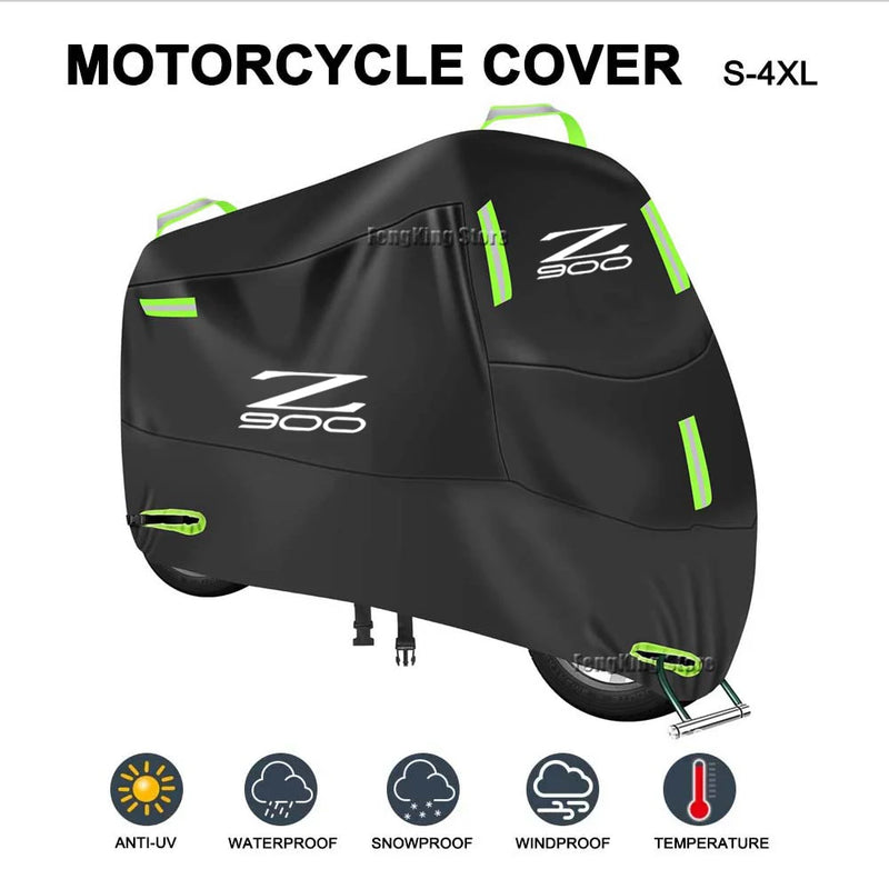 Housse moto pour Kawasaki Z900, polyester 300D imperméable, anti-UV, 7 bandes réfléchissantes vertes