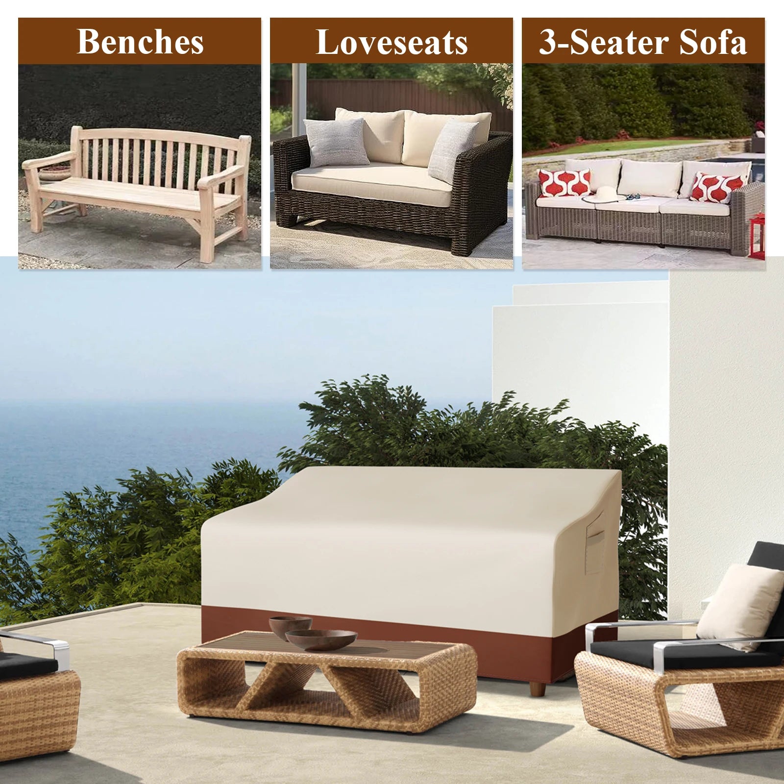 Housse canapé de jardin 2 ou 3 places, imperméable, 5 coloris, 132 à 224 cm