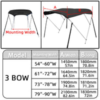 Toile de bimini bateau 3 arceaux polyester 600D noir, sans armature, 4 largeurs de cadre