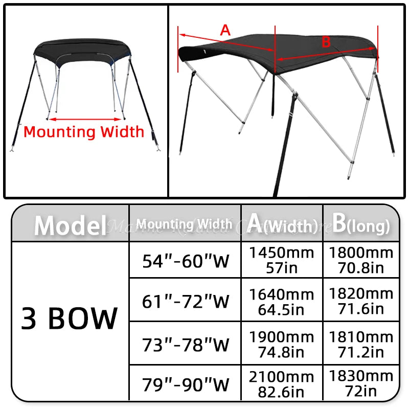 Toile de bimini bateau 3 arceaux polyester 600D noir, sans armature, 4 largeurs de cadre